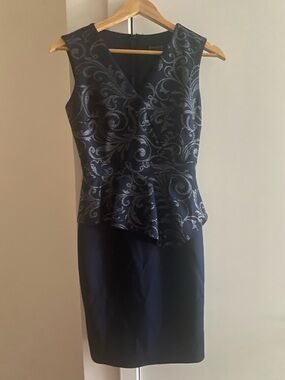 Enfocus Studio Navy Peplum Dress with Silver Scroll Jacquard
